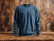 Blank Navy Blue Long Sleeve T Shirt Mockup on Wooden aesthetic Background. Blue Navy T-Shirt Template. Ai Generated