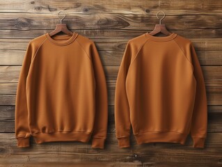 Wall Mural - Blank Brown Long Sleeve T Shirt Mockup Front and back on Wooden aesthetic Background. Brown T-Shirt Template. 