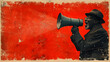 Retro collage style poster. African-American man using megaphone for protesting against racism, for social rights, for equality, for freedom. Red and black contrast graphics with copy space.