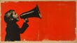 Retro collage style poster. A young girl is using megaphone and shouting. Can be used as an appeal for the protection of children's rights. Red and black contrast graphics with copy space.