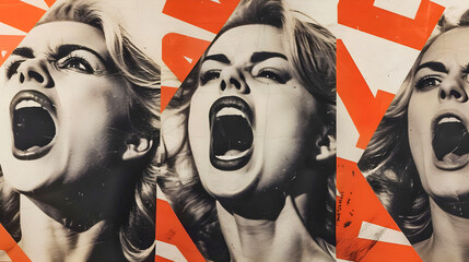 Creative retro collage style poster of a woman screaming. Portrait of a blonde woman. Propaganda vintage style banner. Red and black contrast colors. Pop art banner.