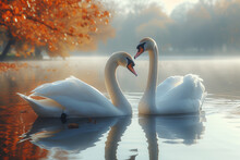 A Pair Of Swans Gliding Across A Serene Lake, Symbolizing Love And Fidelity In The Natural World. Concept Of Graceful Companionship. Generative Ai.
