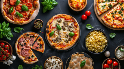 Gourmet pizza selection. Different types of pizzas. Italian cuisine. Variety of pizzas on a wooden board. Top view. Various taste type pizza slices with different traditional filling. menu, dieting, 