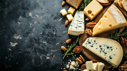 delicious cheese board with a lot of variety with space for text, copy space with good lighting in high resolution and quality