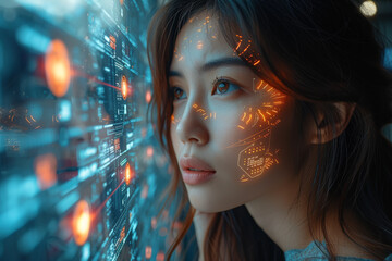 Poster - A businesswoman utilizing artificial intelligence tools for business optimization, illustrating the intersection of technology and business strategy. Concept of AI integration. Generative Ai.