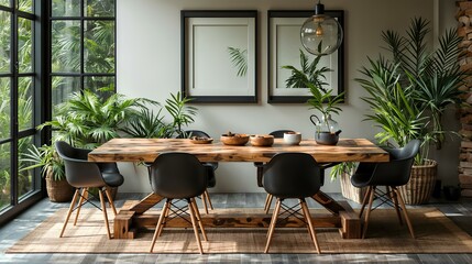 Wall Mural - Wooden Table and Black Chairs with Poster Frame - Scandinavian Interior Design of Modern Dining Room