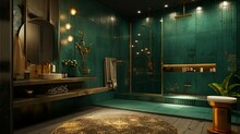 A Bathroom With A Green Tiled Wall