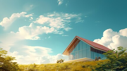 Poster - a house on a hill with a red roof