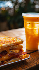 Wall Mural - orange smoothie and a small bacon and cheese toasted grilled cheese sandwich