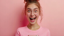 beautiful woman exited surprise face expression . female feels shocked. exciting smile and happy adorable rejoices