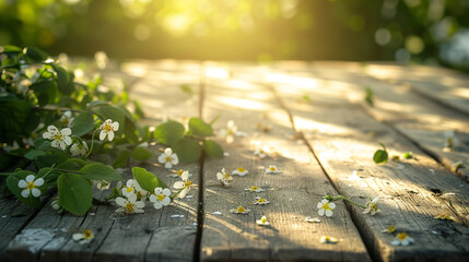 Wall Mural - Photography style, natural background, wooden tabletop, flowers, fresh air, soft shadows