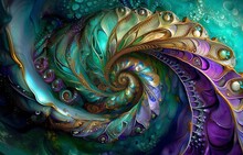 Fantasy Beautiful Nautilus, Alien Shell, Fractal With Teal, Turquoise, Gold And Purple Spirals. Luxury, Unique Design Swirls For Colorful Motion Illustration. Small Blurred Details.