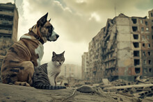 An Abandoned Homeless Stray Dog And Cat Sit Side By Side In A War-torn City. Copy Space.
