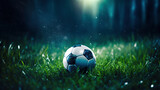 Fototapeta Sport - Illuminated Soccer Ball on Fresh Green Grass at Twilight
