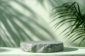 Fototapete - Stone display flat lay podium ongreen background and palm shadow. Product promotion Beauty cosmetic showcase.