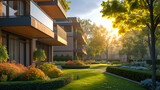 Fototapeta Uliczki - A sunny day view of a modern apartment building with a landscaped garden in the foreground