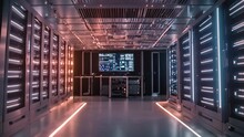 A Long, Narrow Hallway Filled With Neatly Arranged Rows Of Servers, Background Of A Network Server Room With Glowing Lights, AI Generated