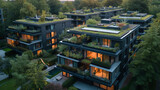 Fototapeta Uliczki - An eco-friendly apartment building with solar panels and green roofs
