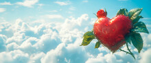 Red Heart With  Bud Of A Red Rose Around Heart Floating In Clouds. Concept Of Love, Valentine's Day Holiday.
