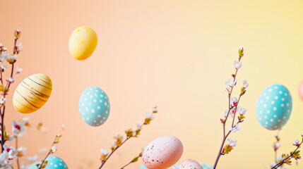 Wall Mural - Easter eggs floating among spring flowers against a soft peach backdrop