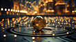 A future cityscape view through a golden color transparent glass globe sphere on the floor with architectural town background at the back drop and blurred bright lights dots   
