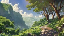 Moving Forest And Mountain Views. Cartoon And Anime Style	