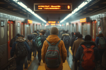 Poster - a crowded subway station during rush hour, capturing the collective movement without highlighting in