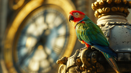 colorful parrot sits on a decorative stone perch, with a blurred clock face in the background, illuminated by warm sunlight