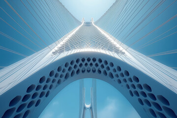 Poster - An image of a suspension bridge with its cables creating an intricate geometric web against a blue sky, showcasing the structural balance and engineering precision. Generative Ai.