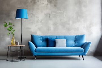 Wall Mural - Luxurious blue velvet sofa in Modern Living Space on empty concrete wall background