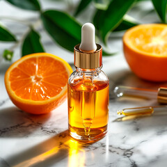 Wall Mural - A bottle of skin care oil and an orange slice.