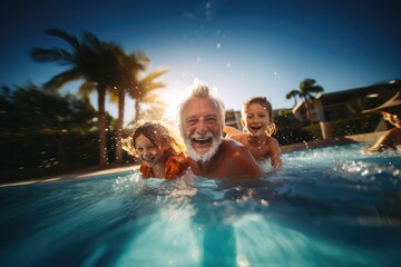 Family on summer vacation have a lot of fun splashing water in a swimming pool. Holidays in a hotel together.