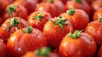 Wall Mural - Ripe red tomatoes covered with dew drops for sale on the market. Close-up view. A picture-perfect display of ripe tomatoes with dew, a feast for both the eyes and taste buds.