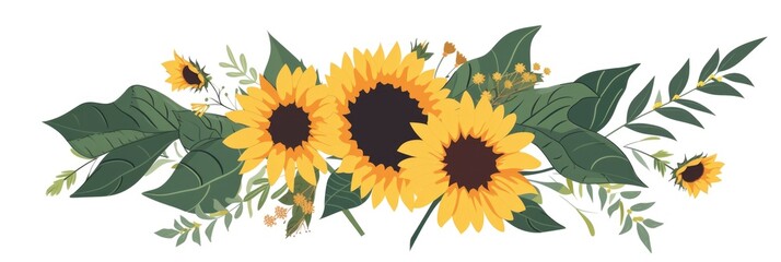 Sticker - A bouquet of sunflowers with green leaves.