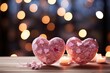 minimalistic design Two 3D pink glittery and shiny hearts, closeup shot, bokeh blurry background.
