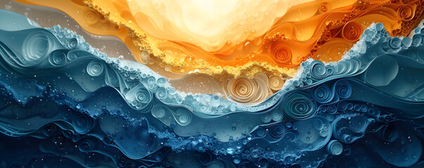 Wall Mural - Abstract wallpaper background design, organic lines waves pattern banner. This photo showcases a painting of a vivid yellow and blue wave crashing against a rocky shore.