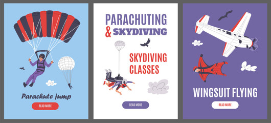 Set of posters or vertical banners about parachuting and skydiving flat style