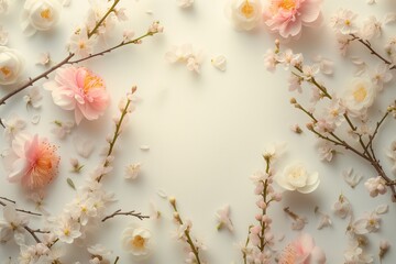  Spring background with natural different colors, delicate floral concept. Minimal concept, frame of spring flowers and branches, copy of space, flat lay