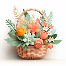 Vintage Wicker Basket With Flowers. 3d Spring Flowers And Leaves For Invitation, Greeting Card, Poster, Frame, Wedding, Decoration And More.