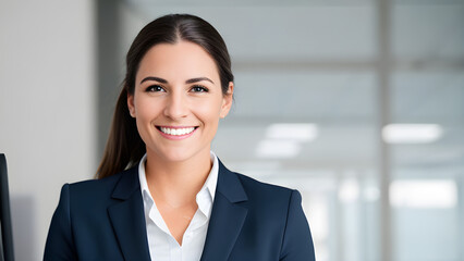 A portrait of a smiling American female office worker in a professional suit, focused on her face and upper torso, excluding hands, with an office background