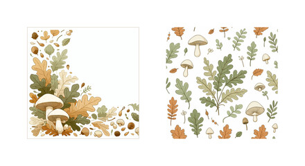 Wall Mural - Designer frame in a botanical style, with bright oak leaves and champignon, executed in a vector style, with empty space for your text.