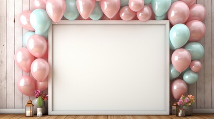Wall Mural - A serene celebration setup with a wooden frame and clusters of delicate, pastel balloons