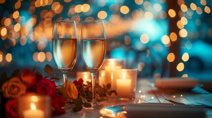 Wall Mural - A soft-focus background with blurred lights, conveying the enchantment of a candlelit dinner