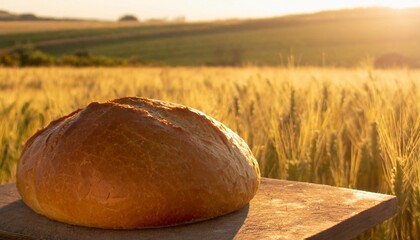 Freshly baked homemade bread on wooden table. Wheat field on background. Tasty food.