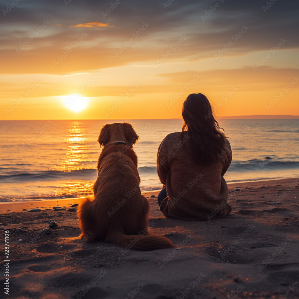 Woman and her dog sitting on the beach and looking at the beautiful ...