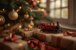 Red toy train among holiday gifts