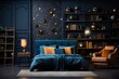 stylist and royal Home mockup, cozy dark blue bedroom interior background,