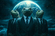 Three Lizard People in suits with the Earth in background, conspiracy theory, artist's impression