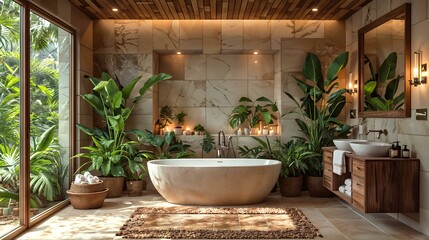 Wall Mural - Mediterranean Style Bathroom with Plants and Natural Wood