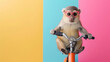 © Nataliia_Trushchenko - funny cute animals on a scooter. driving animals on a bright colored yellow background. Funny screensavers. leisure. drive. extreme. Funny animals.